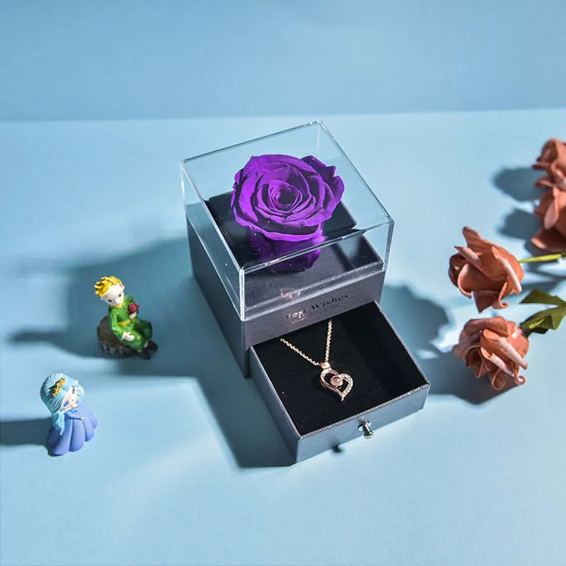 Preserved Rose Flower Necklace Jewelry Gift Box Set