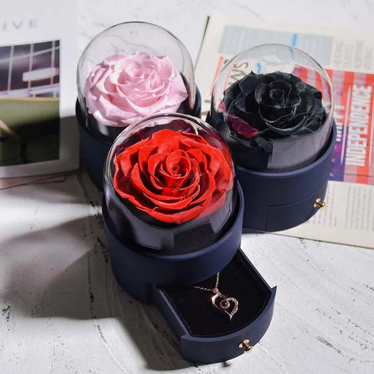 Eternal Rose Preserved Flower Ring Storage Case Necklace Jewelry Box