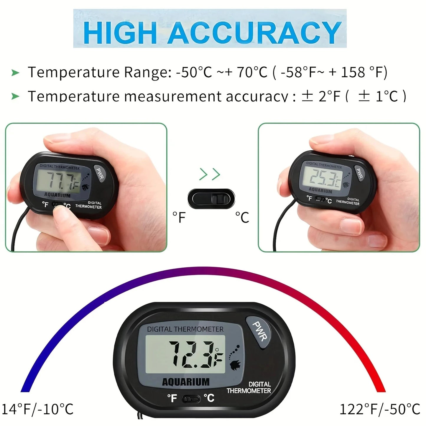 1-8Pcs LCD Digital Aquarium Thermometer With Water-Resistant Sensor Probe And Suction Cup