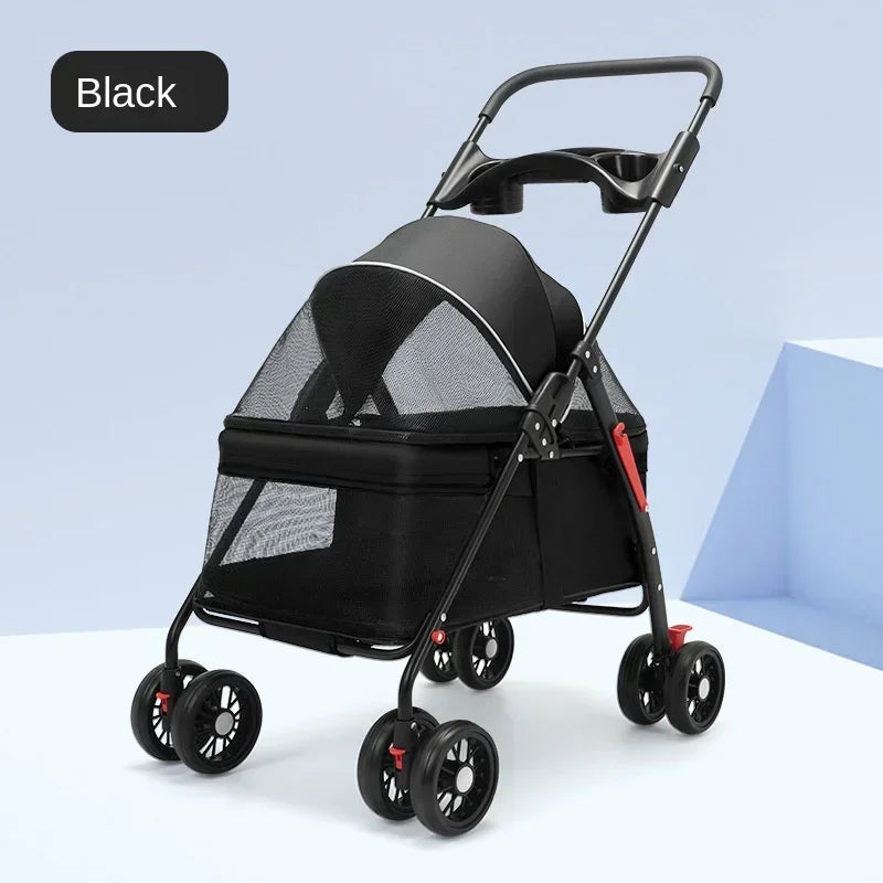 Foldable 4-Wheel Pet Dog Cat Stroller Pushchair with Storage Basket