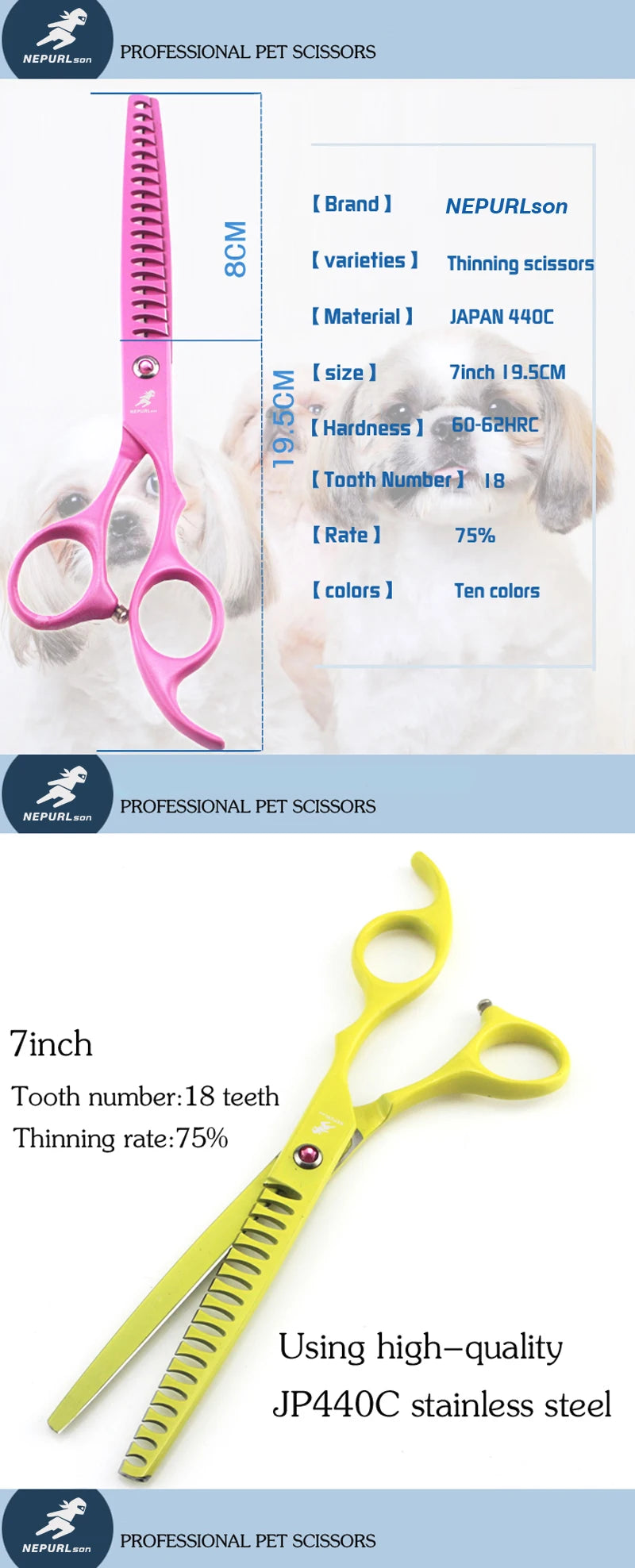 7" Stainless Steel Pet Dog Cat Grooming Thinning Scissors