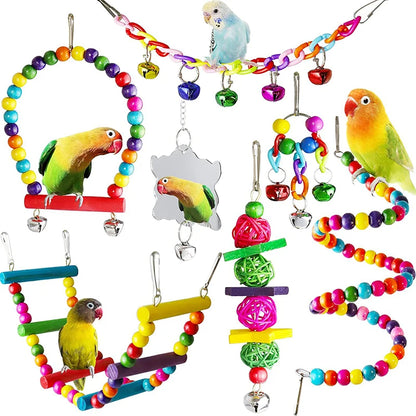 7pcs Wooden Pet Bird Parrot Toys Cage Accessories