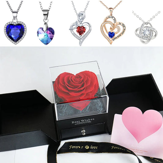 Heart Eternal Rose Flower /w Love Necklace Jewelry Gift Box Set