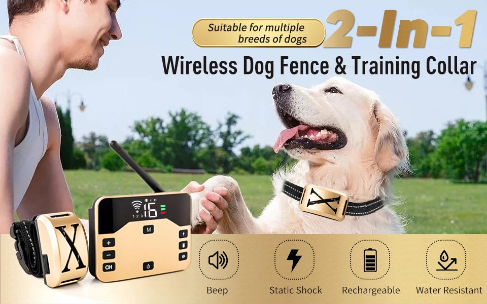 990ft 2in1 Pet Dog Wireless Electric Fence & Training Collar