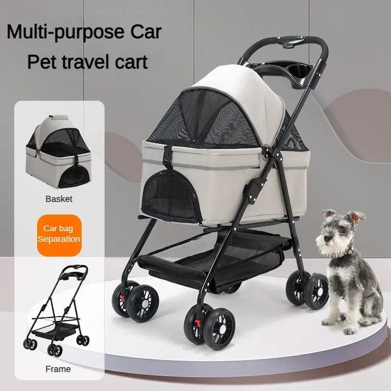 Foldable 4-Wheel Pet Dog Cat Stroller Pushchair with Storage Basket