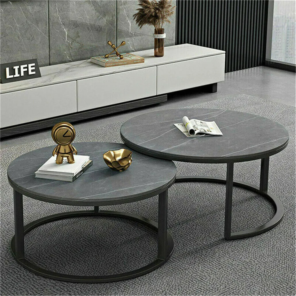 Modern Nesting Round Grey Marble Coffee Table Set for Space Saving
