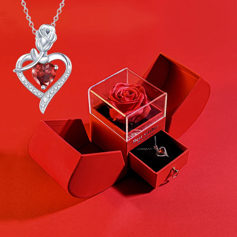 Eternal Rose Box Heart Pendant Necklace Forever Flower Jewelry Gift Set