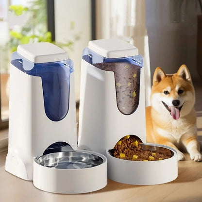 Pet Dog Cat Automatic Feeder and Water Dispenser with Stainless Steel Bowl