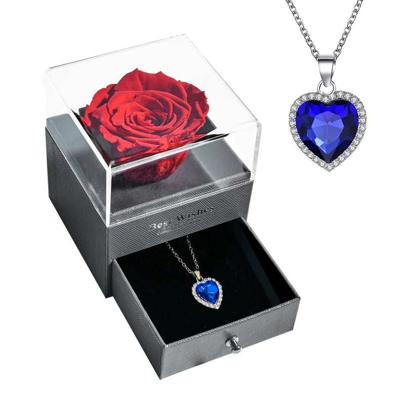 Preserved Rose Flower Necklace Jewelry Gift Box Set