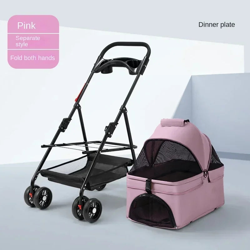 Foldable 4-Wheel Pet Dog Cat Stroller Pushchair with Storage Basket