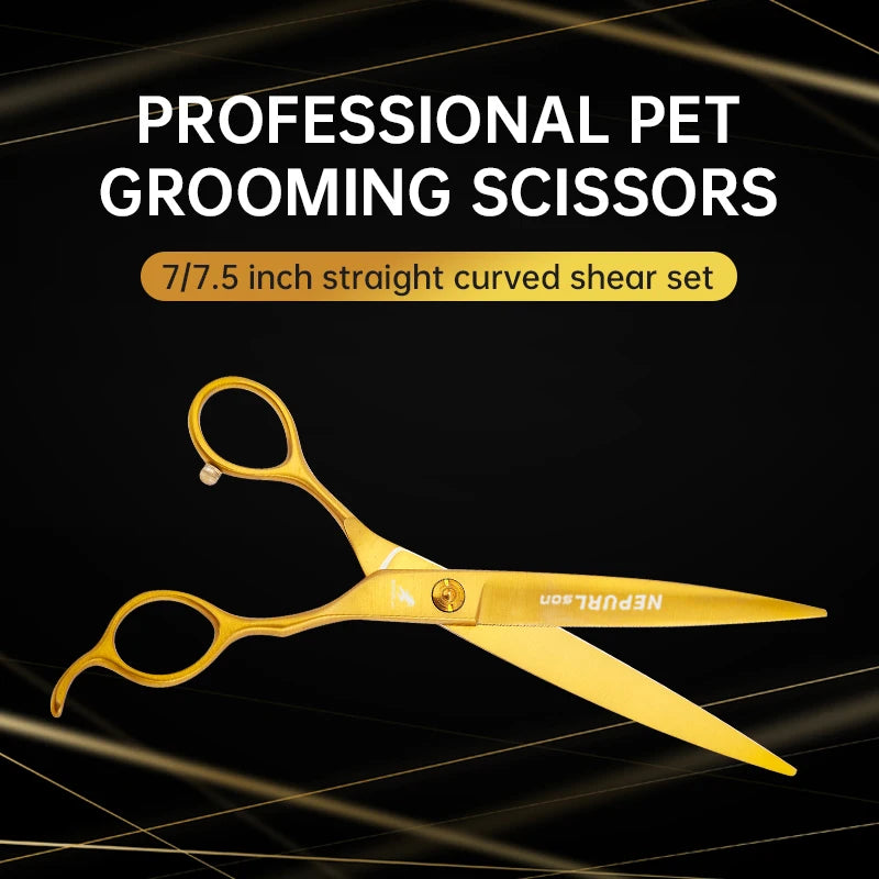 Pet Dog Cat Stainless Steel 7.5" Straight Curved Grooming Scissors