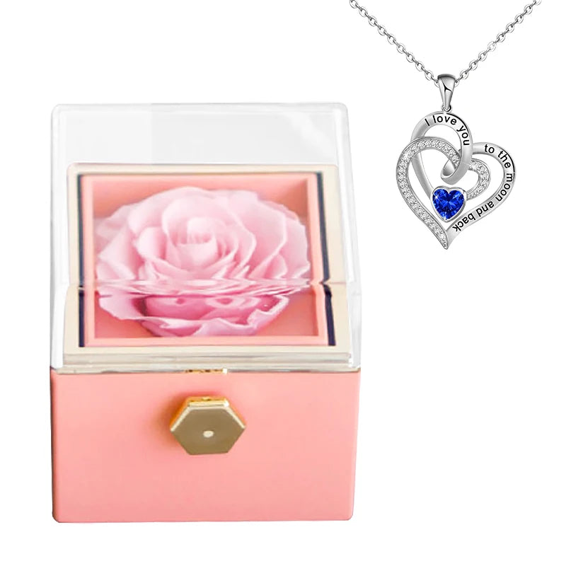 Rotating Preserved Eternal Rose Necklace Gift Box Set