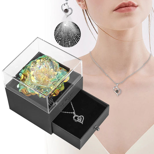 Eternal Rose /w 100 Languages Love Necklace Galaxy Jewelry Gift Box Set