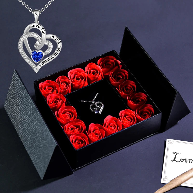 Eternal Soap Rose Flower w Blue Crystal Heart Necklace Pendant Jewelry Gift Box Set