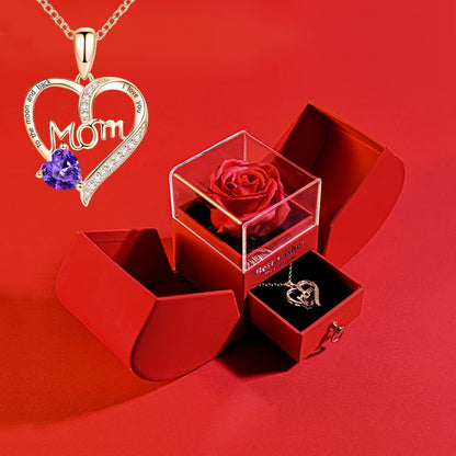 Natural Forever Rose Gift Box /w I Love You Mom Heart Pendant Necklace Jewelry Box