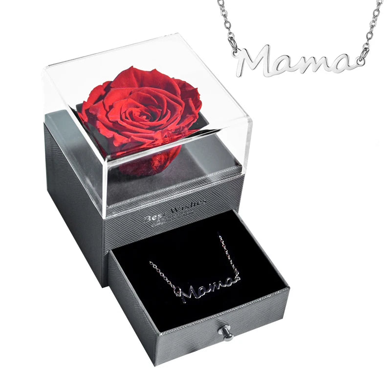 Preserved Rose Flower Necklace Jewelry Gift Box Set