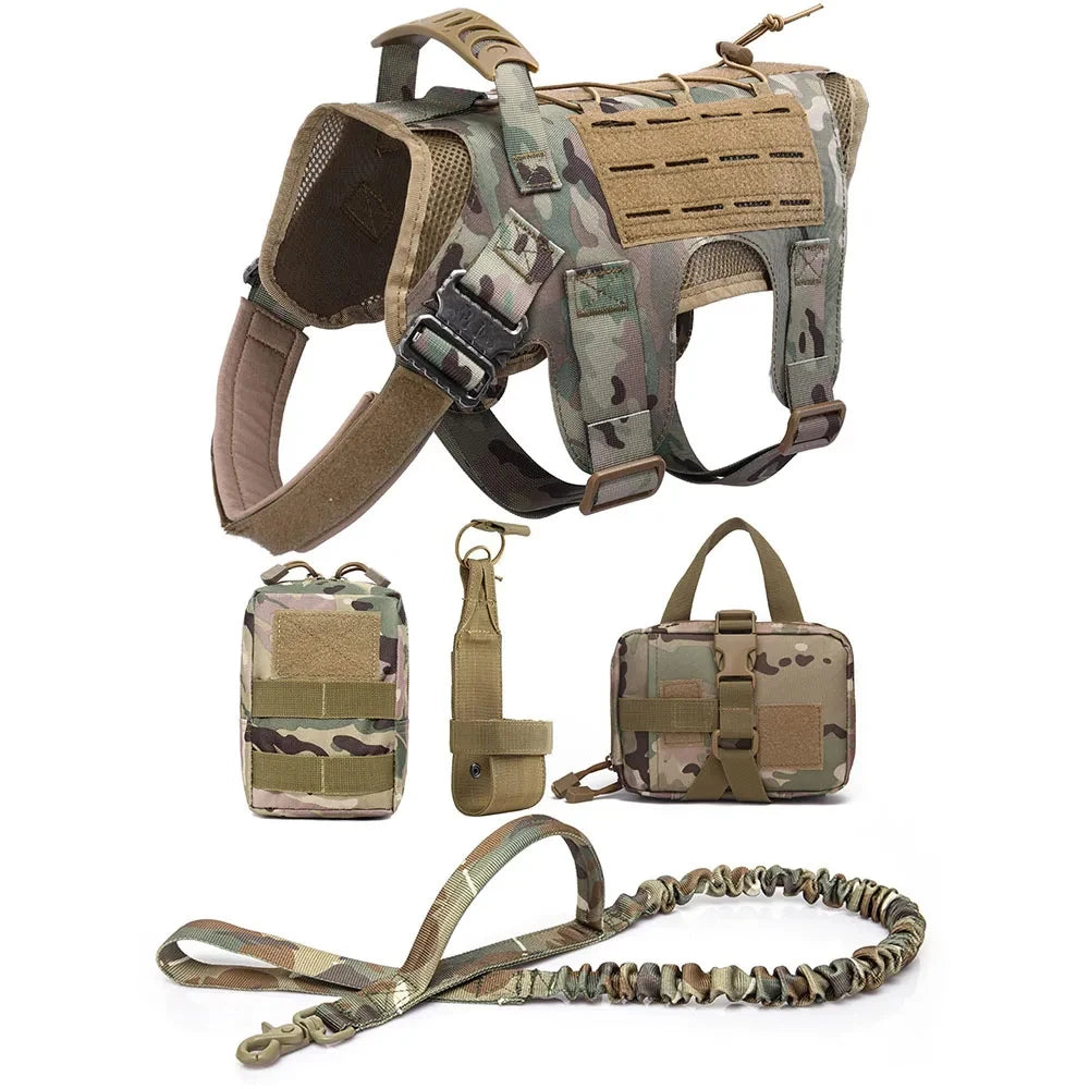 M-L Pet Dog Tactical Harness Training Vest With Bags Leash Lead Set