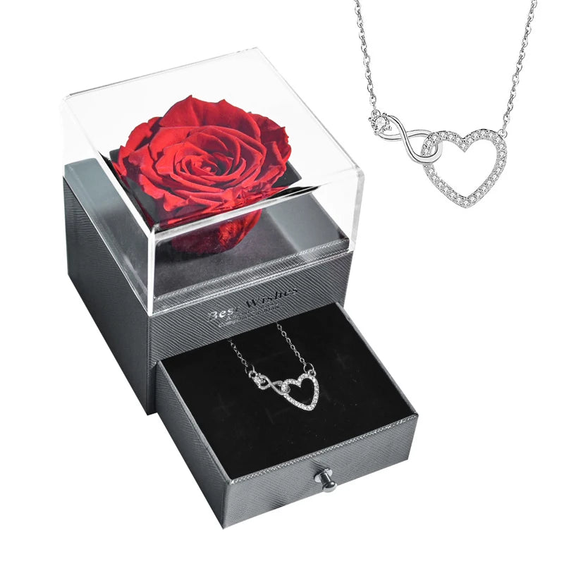 Preserved Rose Flower Necklace Jewelry Gift Box Set