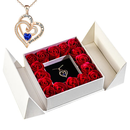 Eternal Soap Rose Flower w Blue Crystal Heart Necklace Pendant Jewelry Gift Box Set