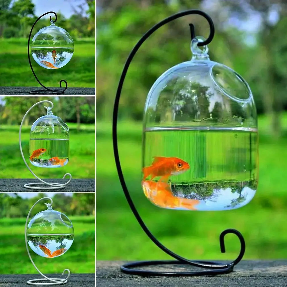 Hanging Glass Vase Aquarium Fish Tank With Rack Holder