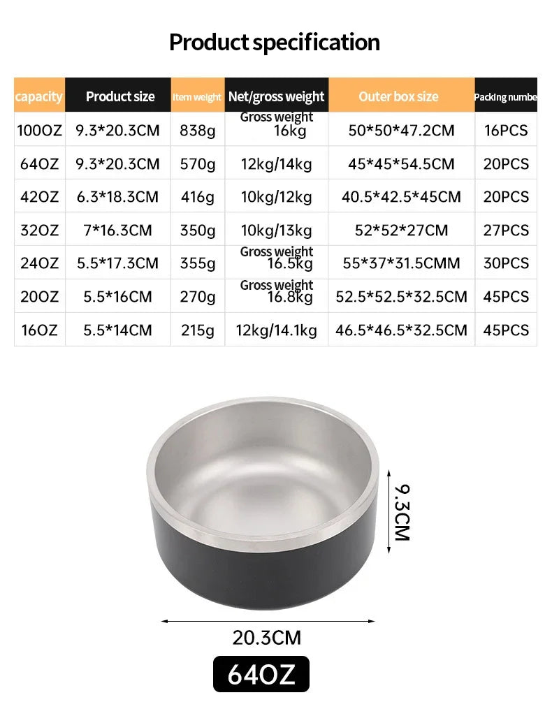 32/64oz Stainless Steel Round Pet Dog Cat Food Water Bowl