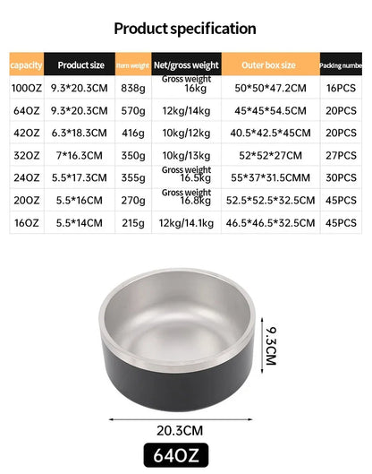 32/64oz Stainless Steel Round Pet Dog Cat Food Water Bowl