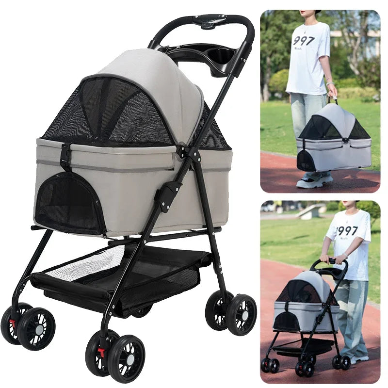 Foldable 4-Wheel Pet Dog Cat Stroller Pushchair with Storage Basket