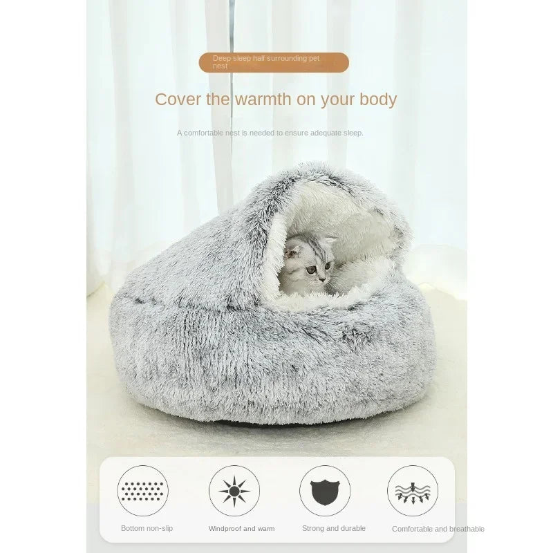 S-XL Winter Warm Shell Semi-Closed Pet Cat Nest Bed Cave