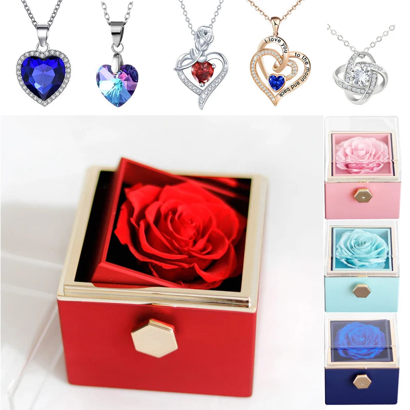 Rotating Preserved Eternal Rose Necklace Gift Box Set