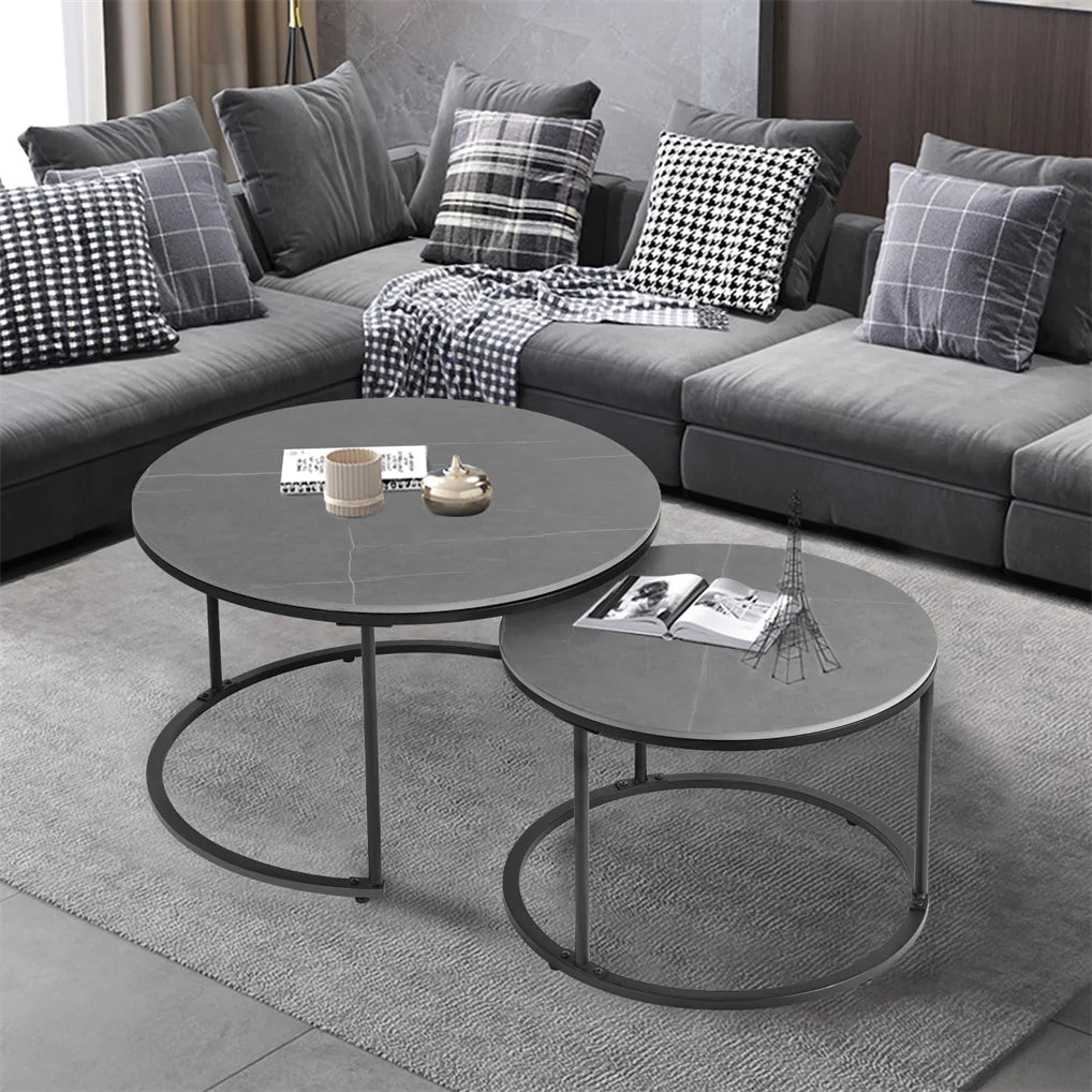 Modern Nesting Round Grey Marble Coffee Table Set for Space Saving