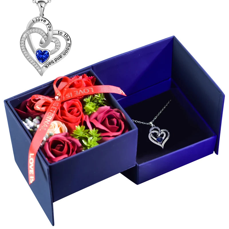 Artificial Soap Rose Crystal Heart Necklace Gift Box Set