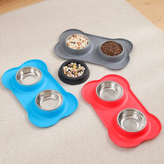 Non Slip Silicone Stainless Steel Double Bowl Pet Dog Cat Water Food Bowl