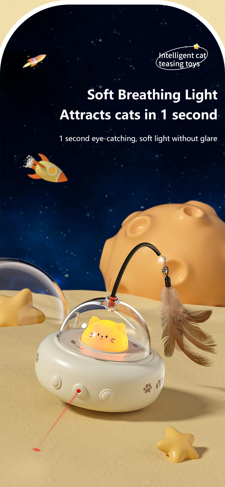 Electric UFO Smart Teaser Pet Cat Toy Stick With Bell Feather