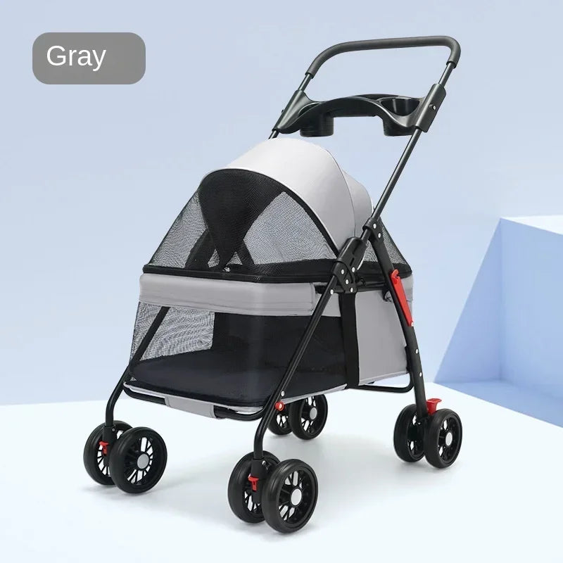 Foldable 4-Wheel Pet Dog Cat Stroller Pushchair with Storage Basket