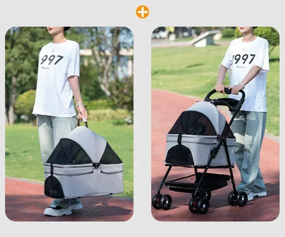 Foldable 4-Wheel Pet Dog Cat Stroller Pushchair with Storage Basket