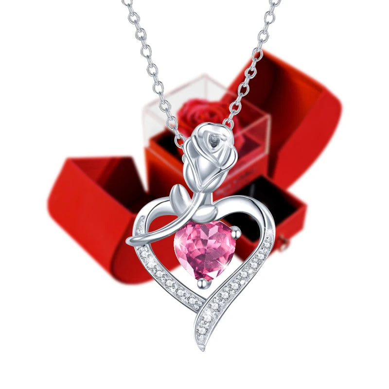 Eternal Rose Box Heart Pendant Necklace Forever Flower Jewelry Gift Set