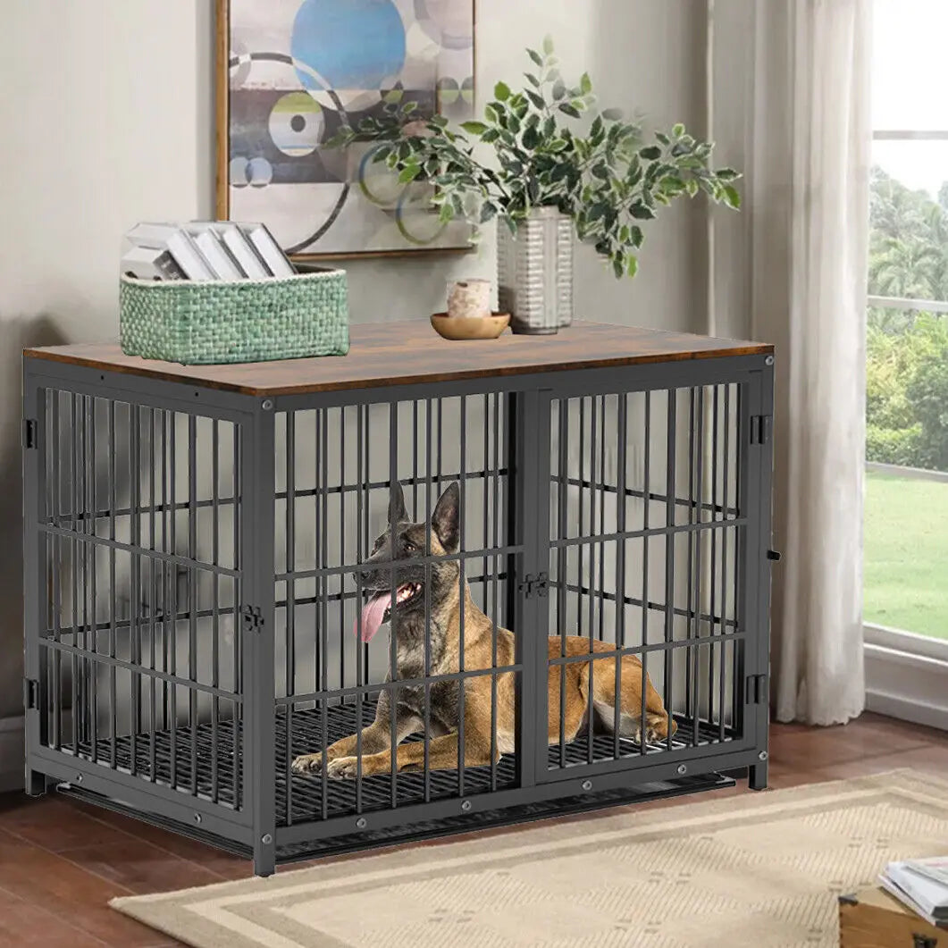 XL Furniture Style Pet Dog Crate Metal  Wood Kennel End Table with Three Doors Removable Tray