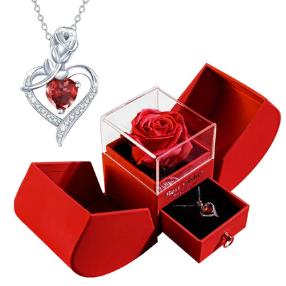 Eternal Rose Box Heart Pendant Necklace Forever Flower Jewelry Gift Set