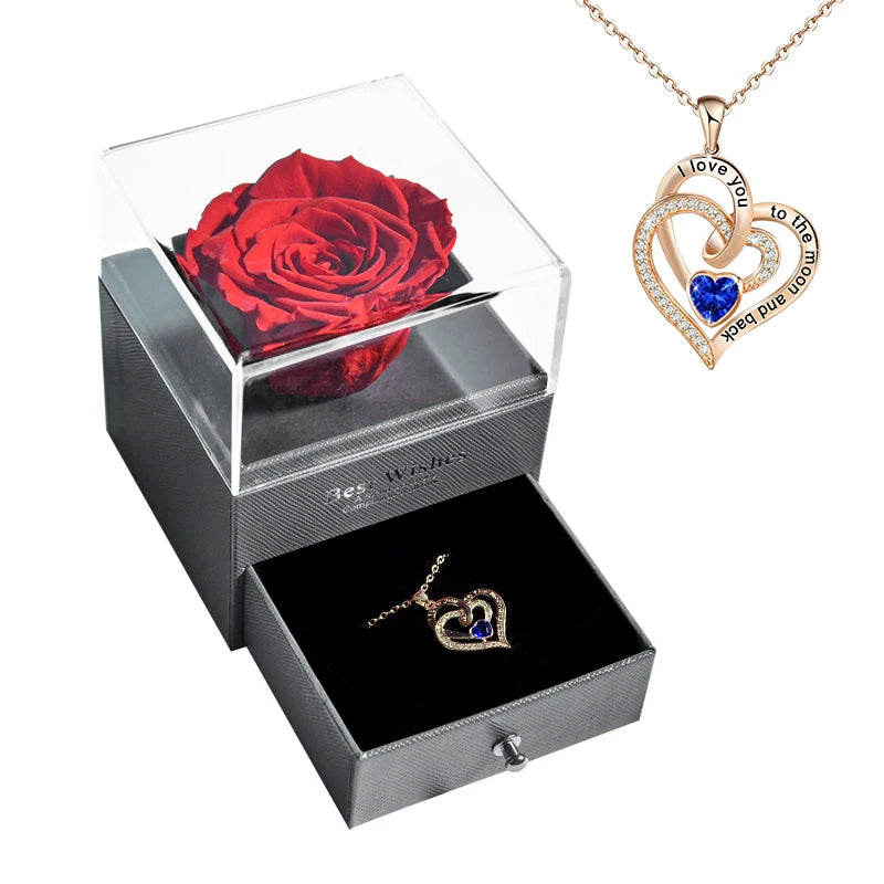 Preserved Rose Flower Necklace Jewelry Gift Box Set