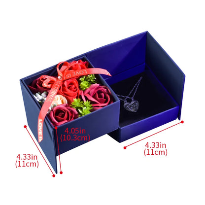 Artificial Soap Rose Crystal Heart Necklace Gift Box Set