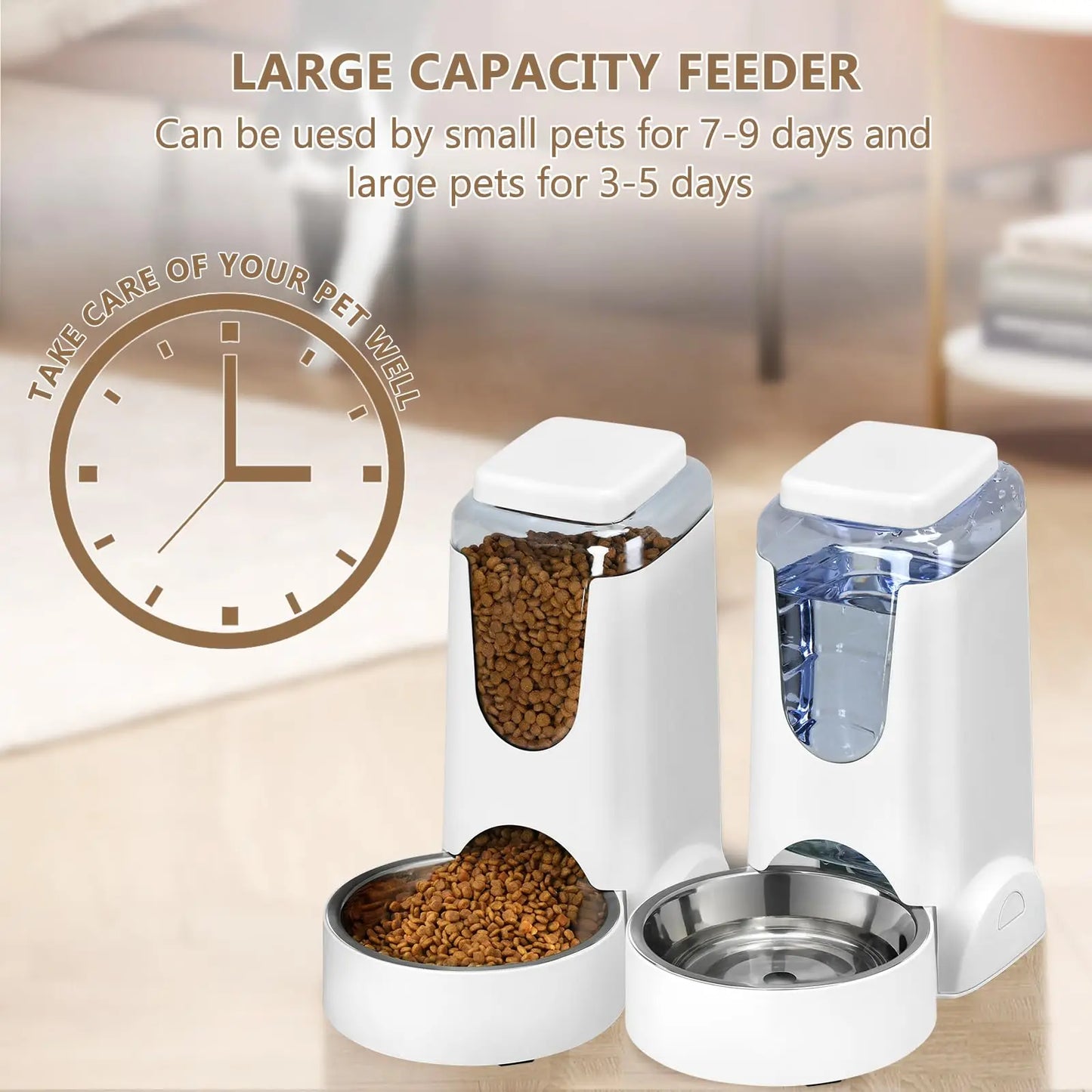 Pet Dog Cat Automatic Feeder and Water Dispenser with Stainless Steel Bowl