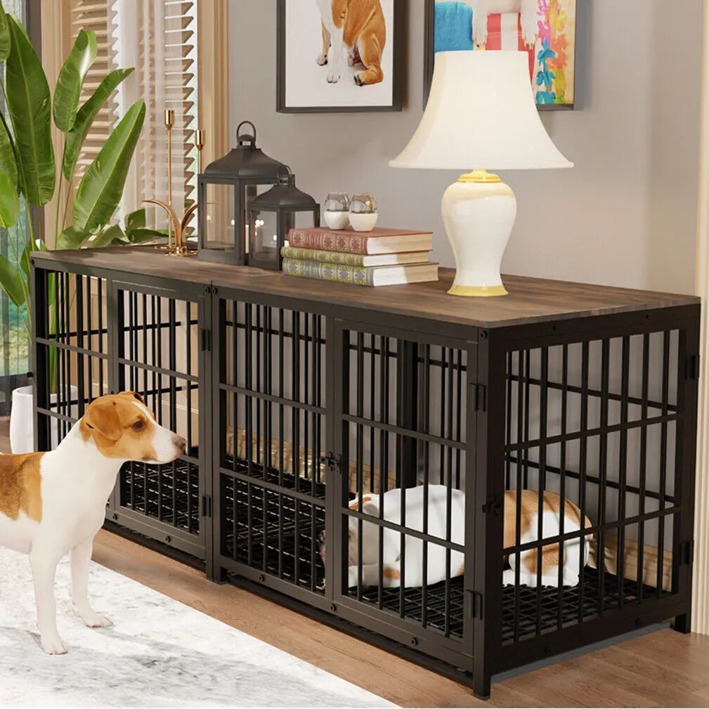 XL Furniture Style Pet Dog Crate Metal  Wood Kennel End Table with Three Doors Removable Tray