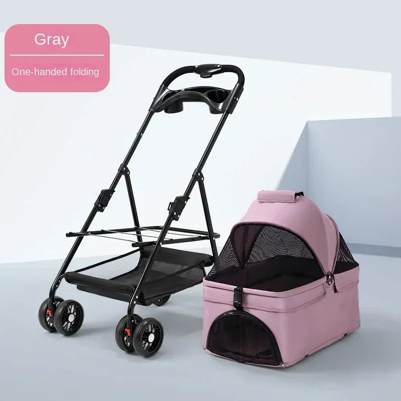 Foldable 4-Wheel Pet Dog Cat Stroller Pushchair with Storage Basket