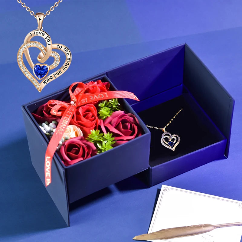 Artificial Soap Rose Crystal Heart Necklace Gift Box Set