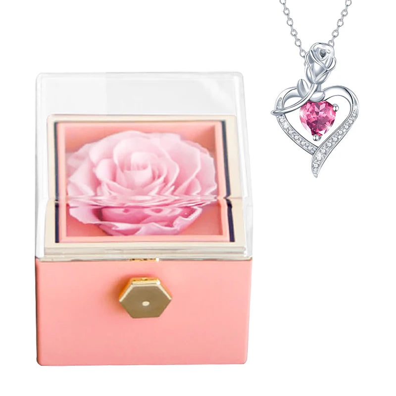 Rotating Preserved Eternal Rose Necklace Gift Box Set