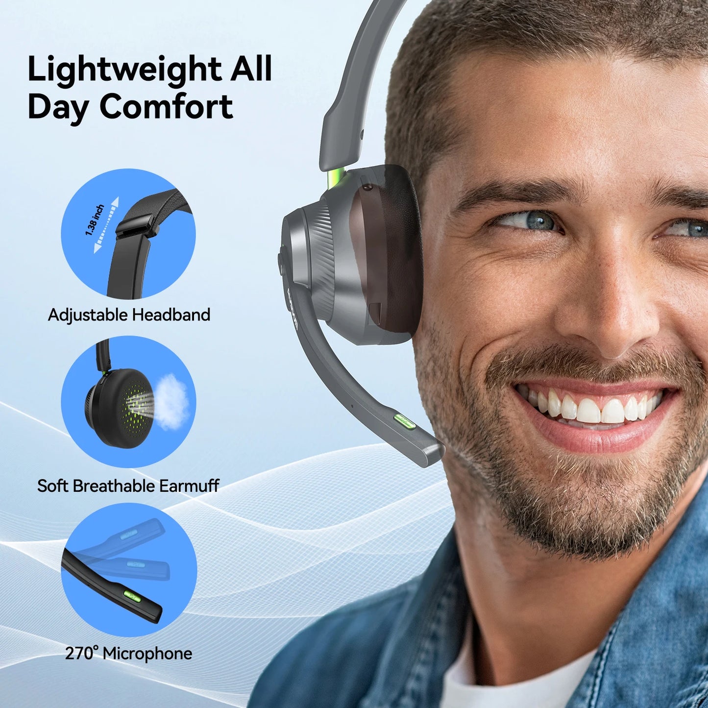 Voipfocus A2304 Bluetooth Headphones with 50h Playtime