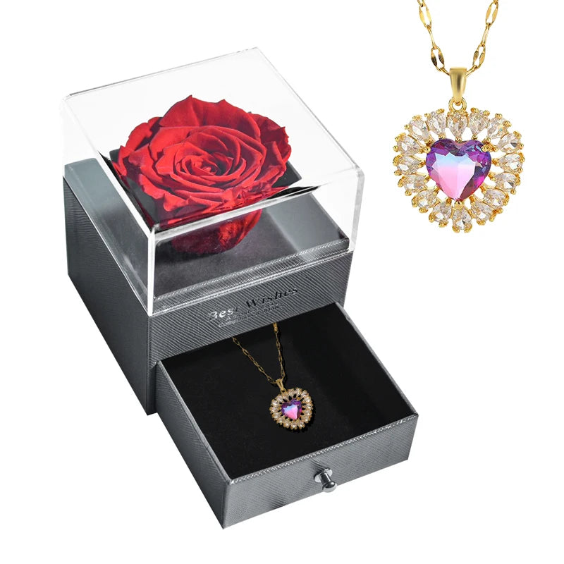 Preserved Rose Flower Necklace Jewelry Gift Box Set