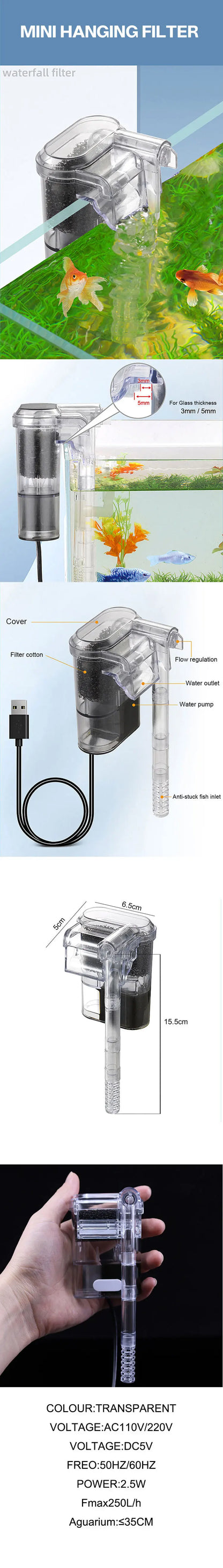 2.5W Flow 250H/L Aquarium Fish Tank Hanging Mini Filter