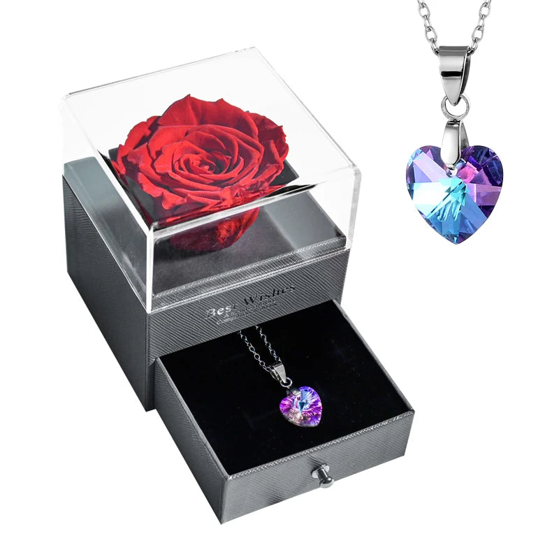 Preserved Rose Flower Necklace Jewelry Gift Box Set