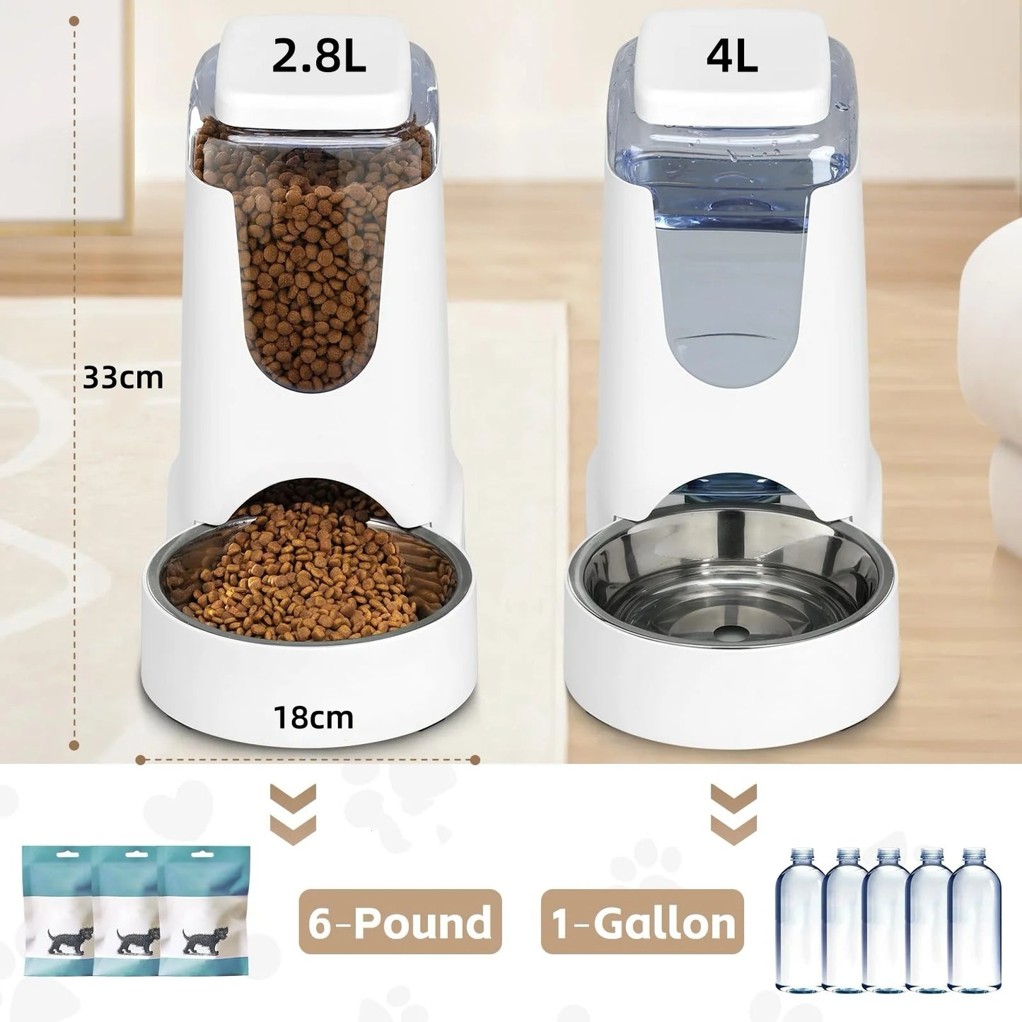 Pet Dog Cat Automatic Feeder and Water Dispenser with Stainless Steel Bowl